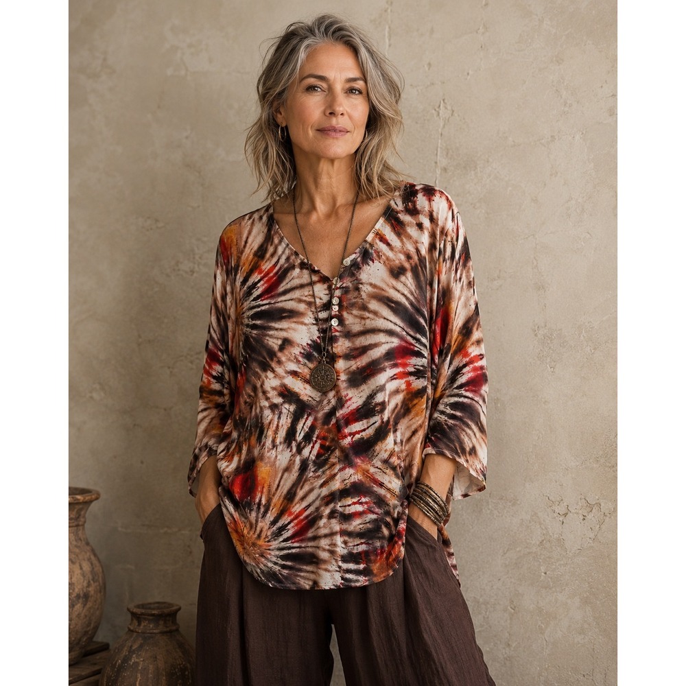 Karen Kane Top Womens Plus 1X Multicolor Tie Dye Henley Sharkbite Boho Hippie